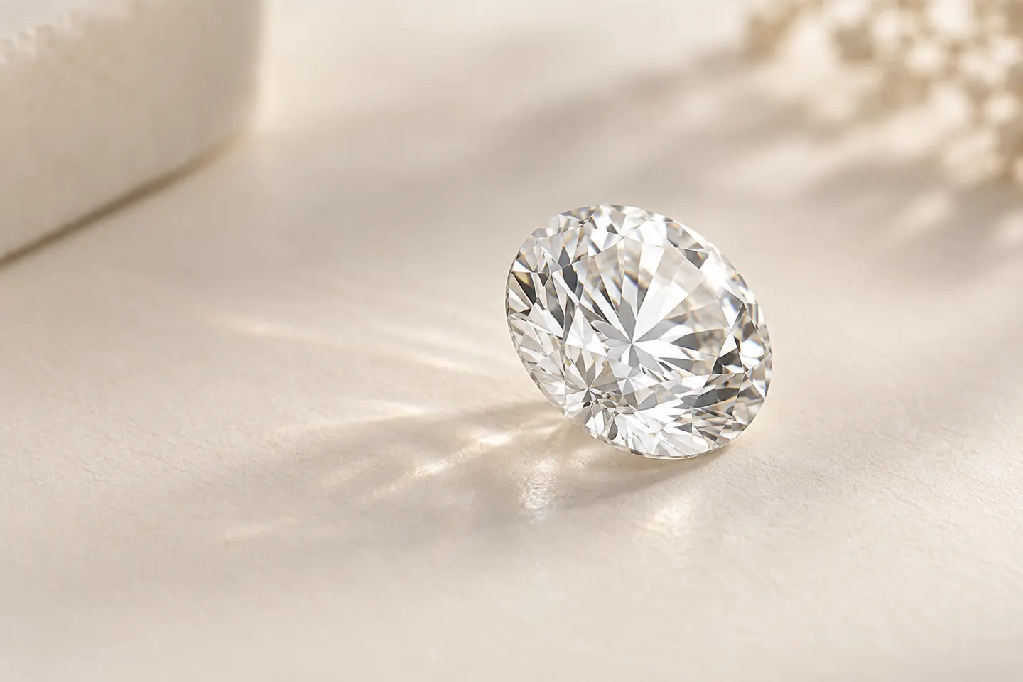 Illustrative colourless round brilliant diamond on a pale surface