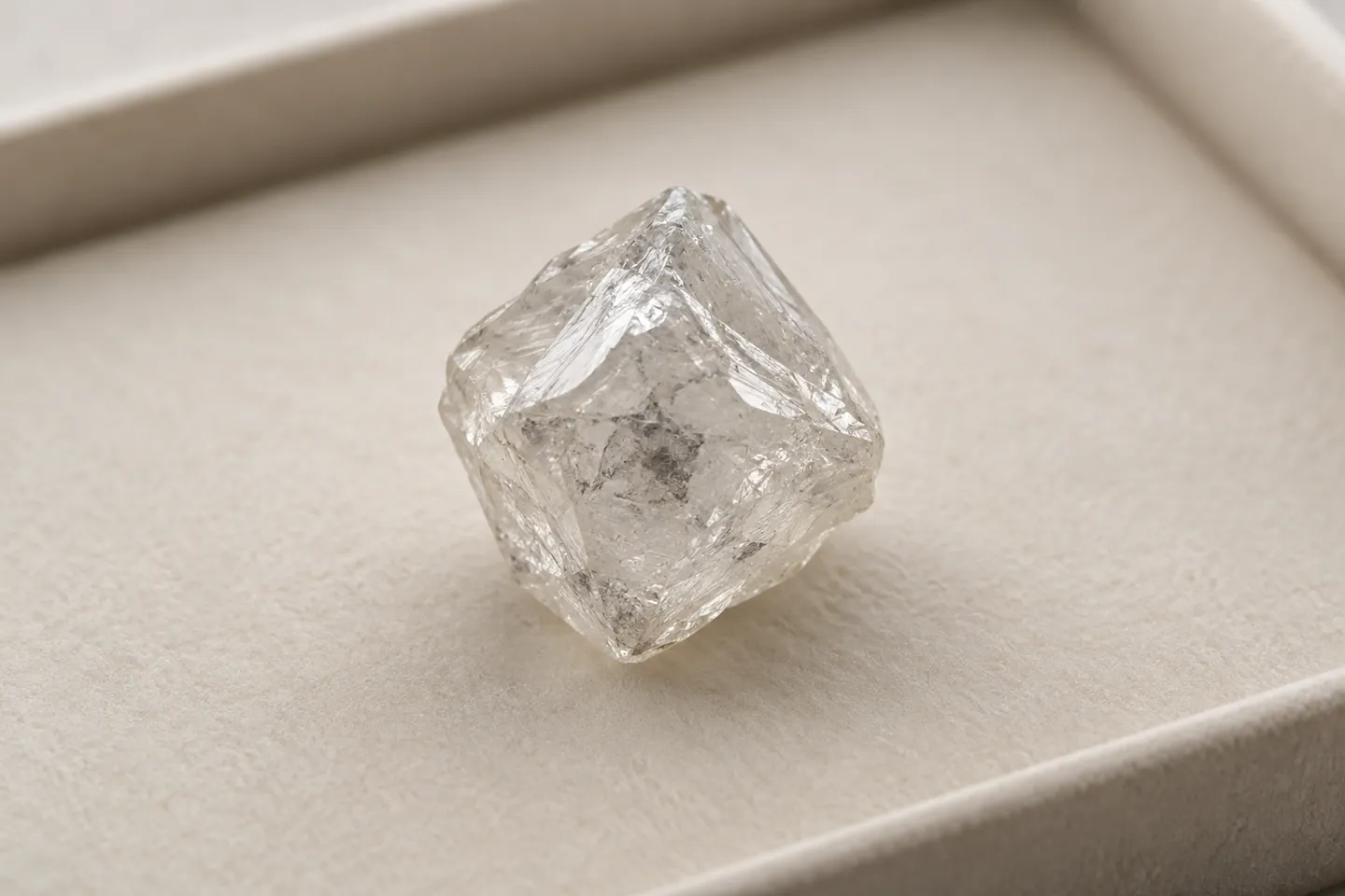 Illustrative uncut laboratory-grown diamond crystal on a pale tray